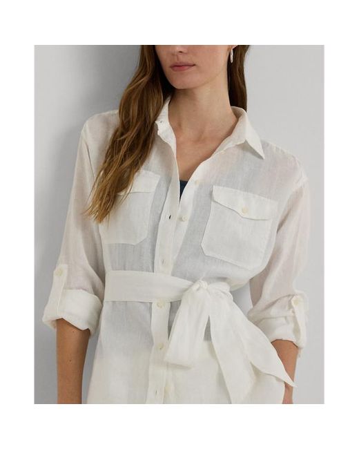 Lauren by Ralph Lauren White Relaxed Fit Belted Linen Shirt