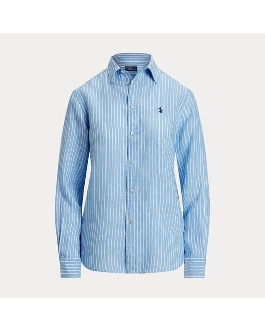 Polo Ralph Lauren Blue Gestreiftes Classic-Fit Leinenhemd