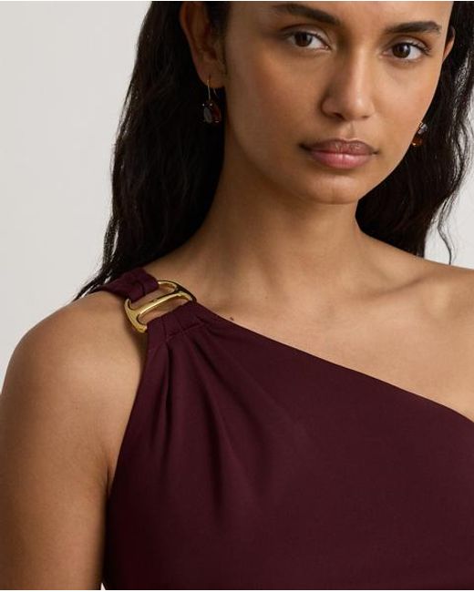 Ralph Lauren Red Stretch Jersey D-Ring One-Shoulder Gown