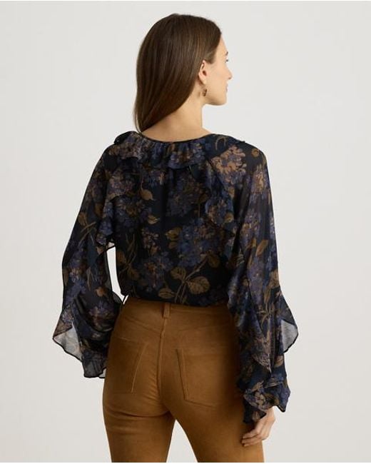 Ralph Lauren Black Ruffle-Trim Floral Georgette Blouse