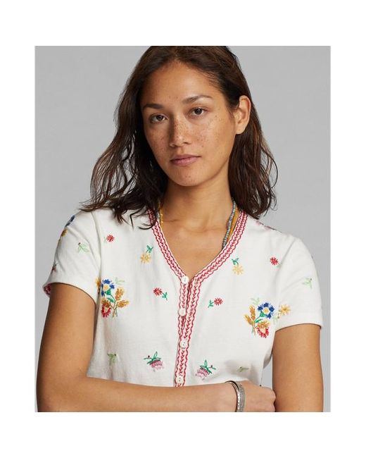 RRL White Floral-embroidered Jersey Top