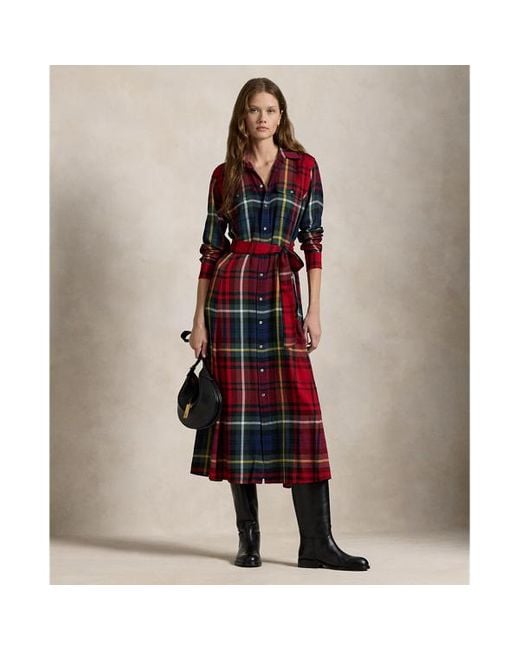 Polo Ralph Lauren Red Belted Plaid Cotton-blend Dress