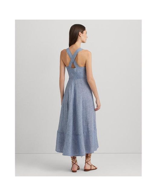 Vestido sin mangas de lino con raya Lauren by Ralph Lauren de color Blue