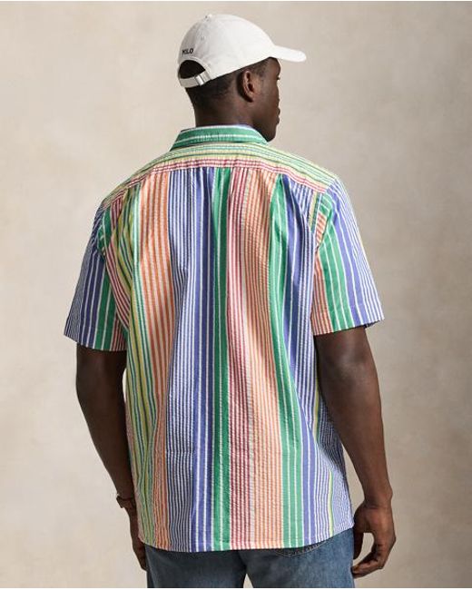 Ralph Lauren Blue Striped Seersucker Camp Shirt for men
