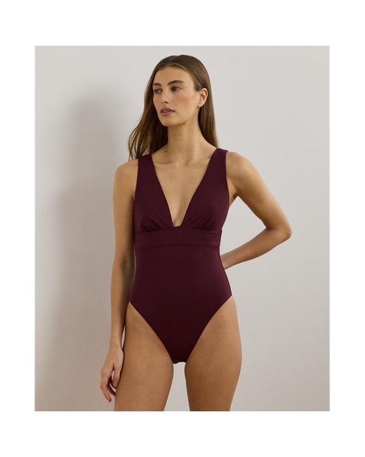 Costume intero con bande e scollo a V di Ralph Lauren in Red