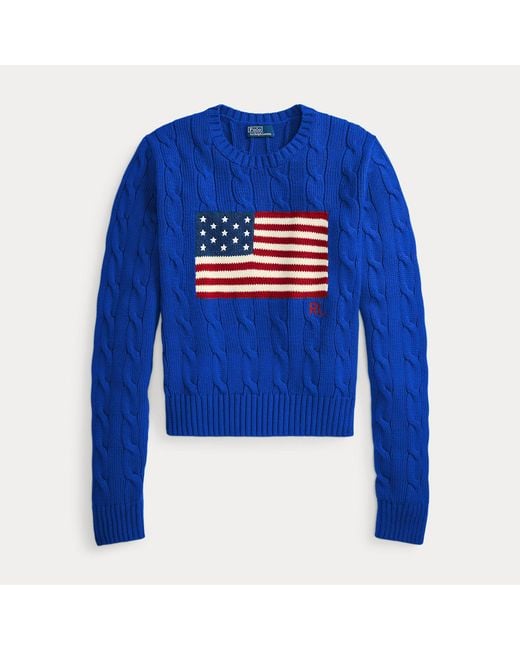 Polo Ralph Lauren Cropped Katoenen Kabeltrui Met Vlag in het Blue