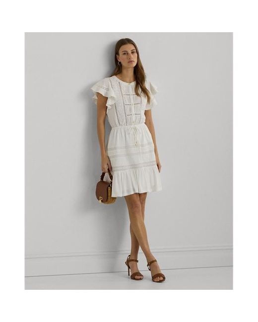 Lauren by Ralph Lauren White Lace-trim Jersey Flutter-sleeve Dress