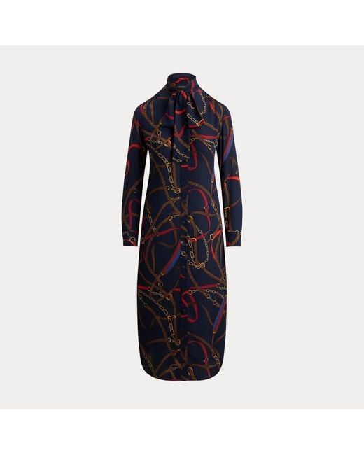 Ralph Lauren Black Print Georgette Tie-Neck Shirtdress