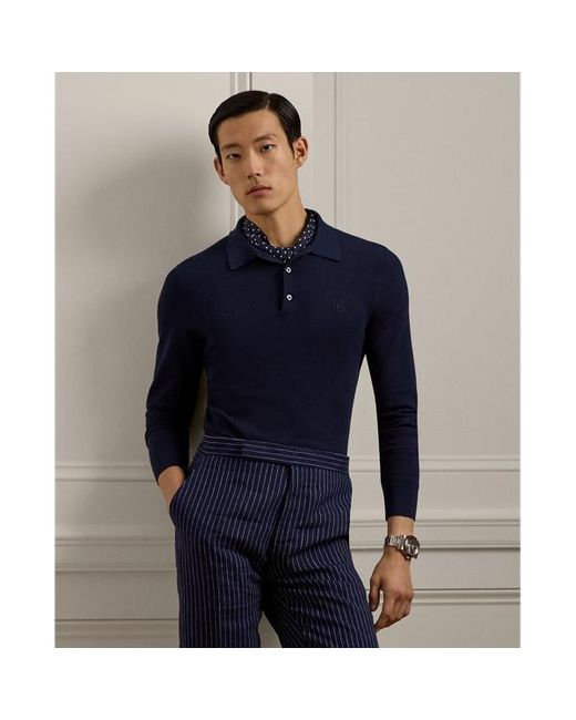 Ralph Lauren Purple Label Blue Textured Silk-cotton Polo-collar Jumper for men