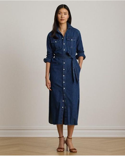 Ralph Lauren Blue Belted Denim Midi Shirtdress