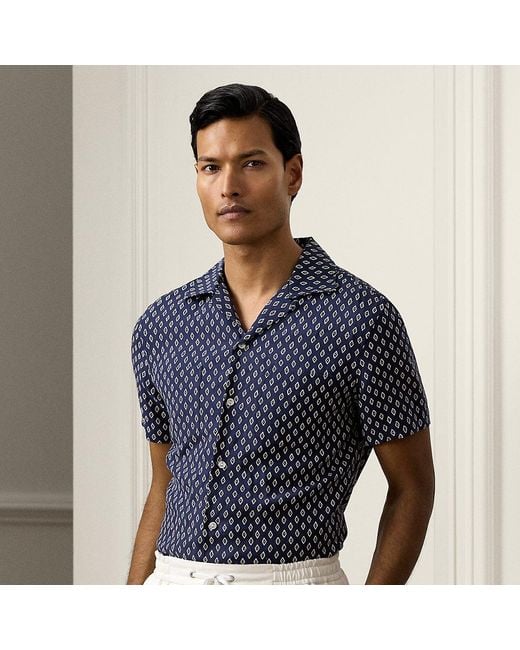 Ralph Lauren Purple Label Blue Diamond-print Linen-silk Camp Shirt for men
