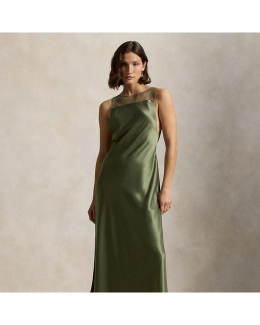 Ralph Lauren Green Sheer-Panel Satin Dress