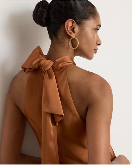 Ralph Lauren Brown Charmeuse Tie-Back Halter Cocktail Dress