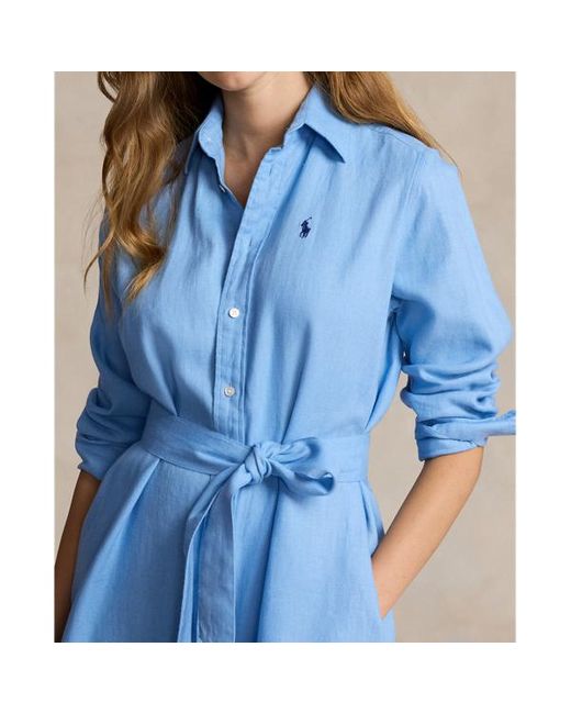 Polo Ralph Lauren Blue Hemdkleid aus Leinen mit Gürtel