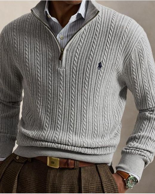 Polo Ralph Lauren Gray Cable-Knit Cotton Mockneck Jumper for men