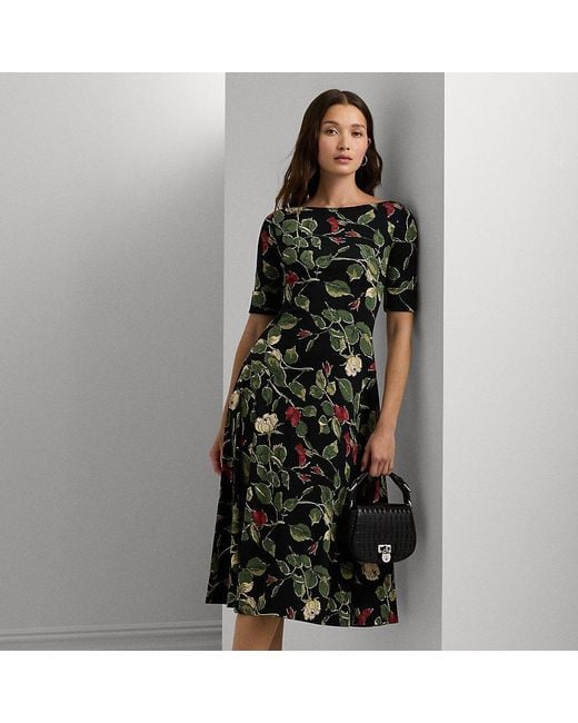 Ralph Lauren Black Floral Stretch Cotton Midi Dress