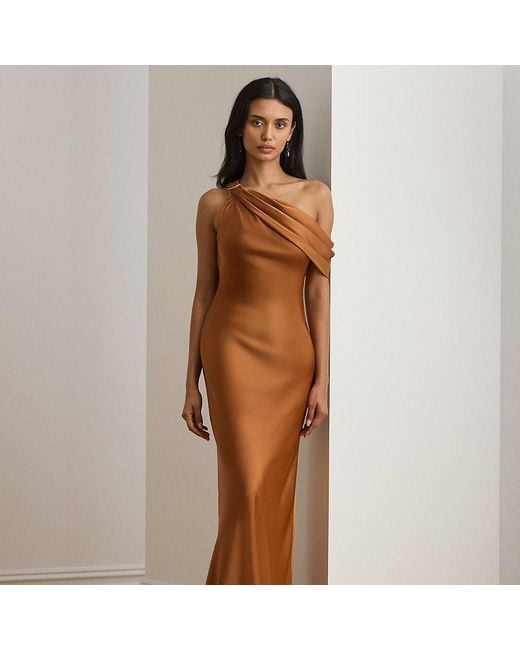 Ralph Lauren Brown Buckle-Trim Satin Off-The-Shoulder Gown
