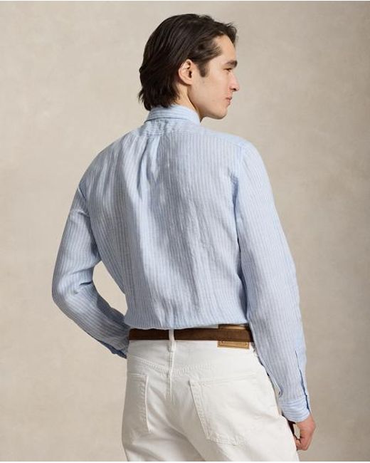 Polo Ralph Lauren Blue Custom Fit Striped Linen Shirt for men