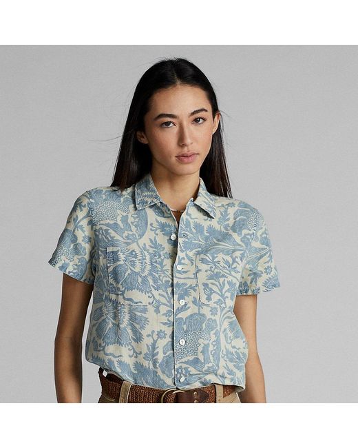 RRL Blue Indigo Floral Linen-cotton Camp Shirt