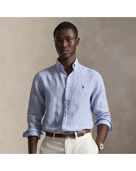 Polo Ralph Lauren Blue Custom Fit Striped Linen Shirt for men