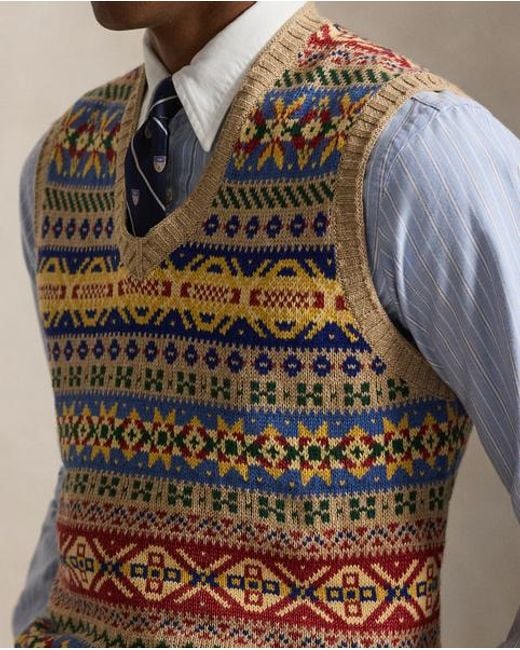 Polo Ralph Lauren Blue Fair Isle Cotton-Linen Sleeveless Jumper for men