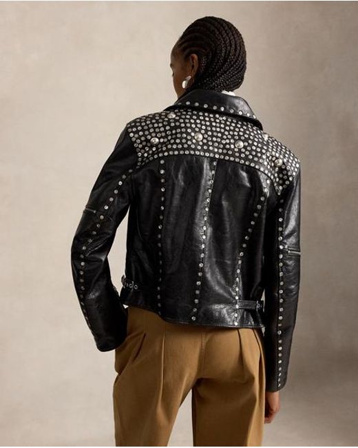 Polo Ralph Lauren Black Studded Leather Moto Jacket