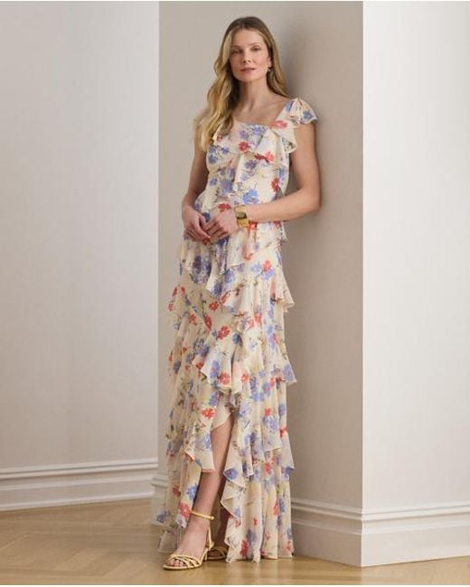 Ralph Lauren Natural Floral Ruffle-Trim Georgette Tiered Gown