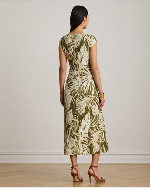 Ralph Lauren Metallic Palm-Frond-Print Jersey Cowlneck Dress