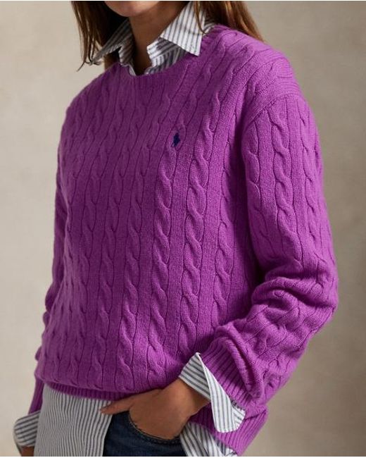 Polo Ralph Lauren Wollen-Kasjmier Kabeltrui Met Ronde Hals in het Purple