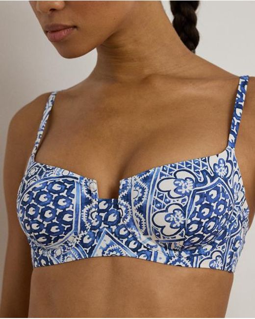 Ralph Lauren Blue Geo-Print Cutout Balconette Bikini Top