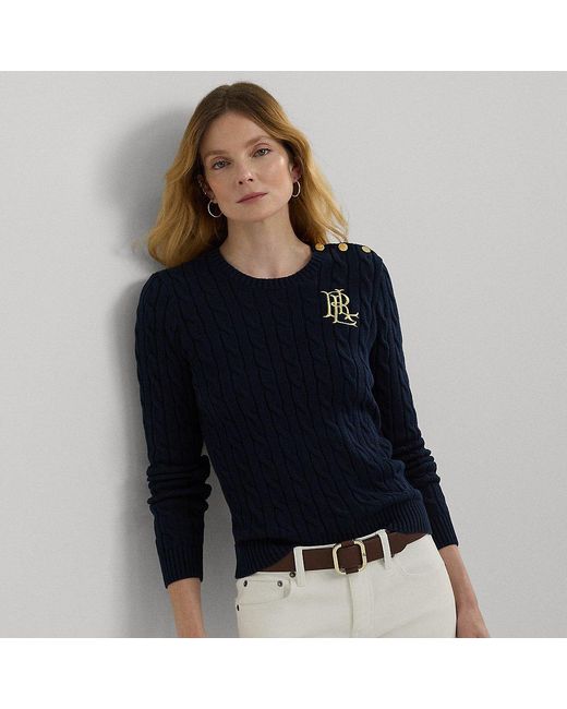 Ralph Lauren Button trim Cable knit Cotton Jumper in Blue Lyst UK