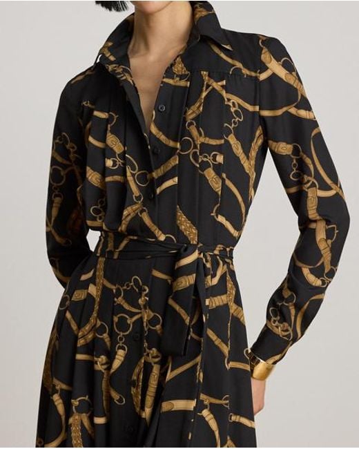 Ralph Lauren Black Belting-Print Pleated Crepe Shirtdress