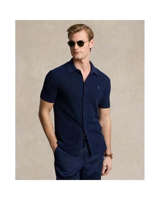 Maglia a camicia in cotone e lino di Polo Ralph Lauren in Blue da Uomo