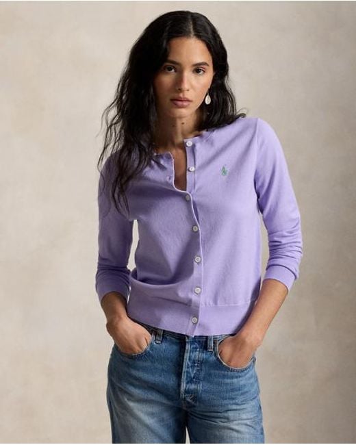 Polo Ralph Lauren Purple Stretch Cotton-Blend Crewneck Cardigan