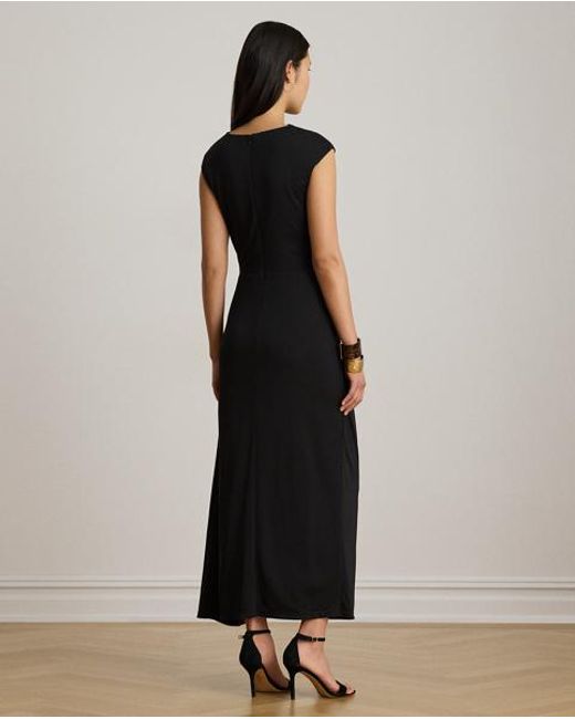 Ralph Lauren Black Pleated Jersey Boatneck Midi Dress