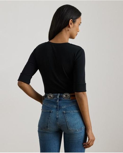 Ralph Lauren Black Stretch Cotton Elbow-Sleeve V-Neck Tee