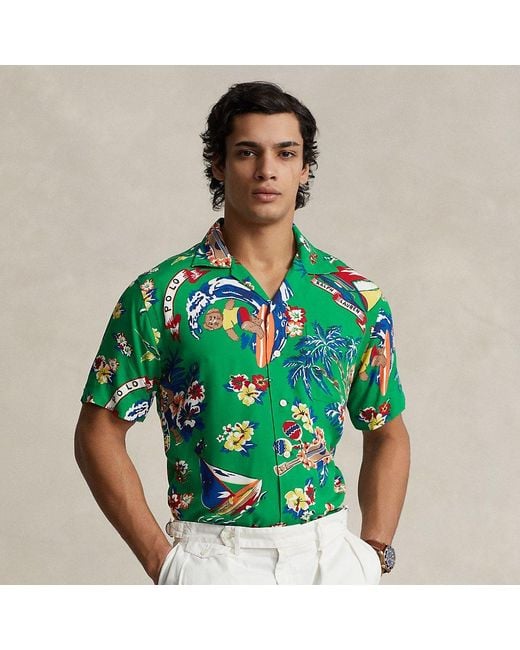 Polo Ralph Lauren Green Classic Fit Polo Bear-print Camp Shirt for men