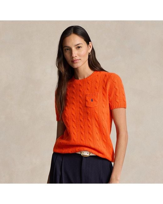 Polo Ralph Lauren Orange Cable Wool-Cashmere Short-Sleeve Jumper