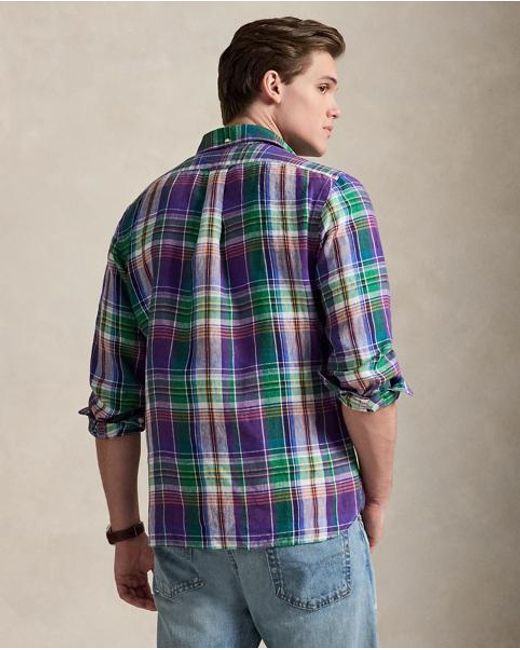 Polo Ralph Lauren Blue Classic Fit Plaid Linen Shirt for men