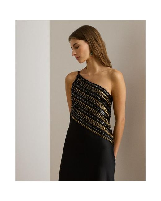 Ralph Lauren Black Beaded Mesh & Satin One-Shoulder Gown