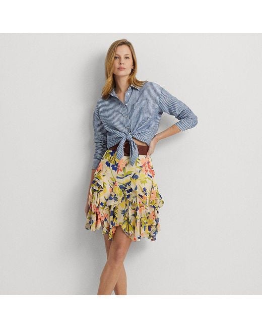 Lauren by Ralph Lauren Blue Floral Ruffle-trim Georgette Skirt
