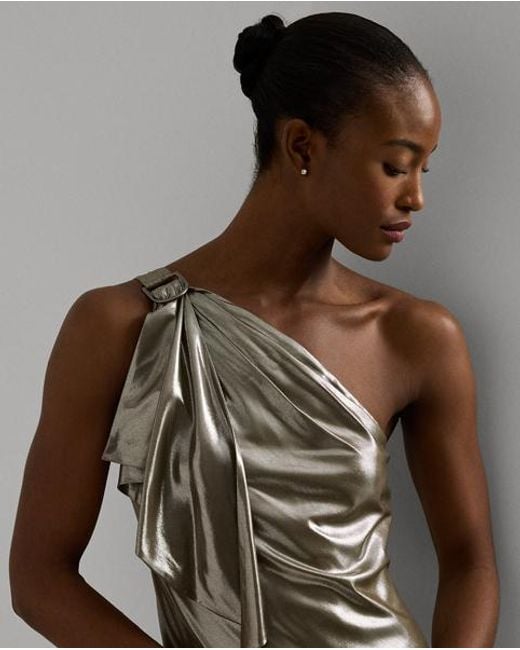 Ralph Lauren Metallic Chiffon One-Shoulder Gown in Grey | Lyst UK
