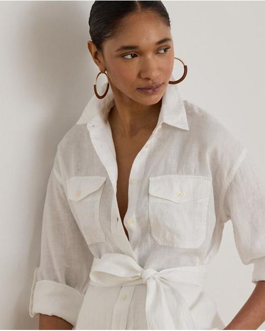Ralph Lauren White Relaxed Fit Belted Linen Shirt