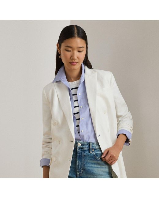 Ralph Lauren ホワイト ダブルブレストジャケット L Ralph Lauren Women's White Double-Breasted Linen-Blend Twill Blazer