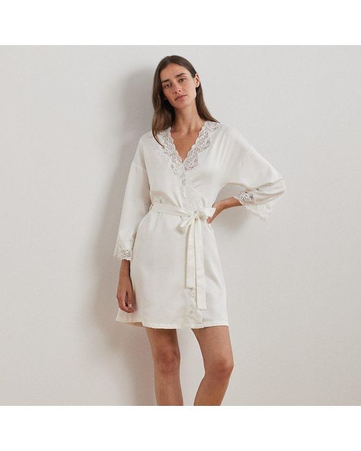 Ralph Lauren White Lace-Trim Satin Robe