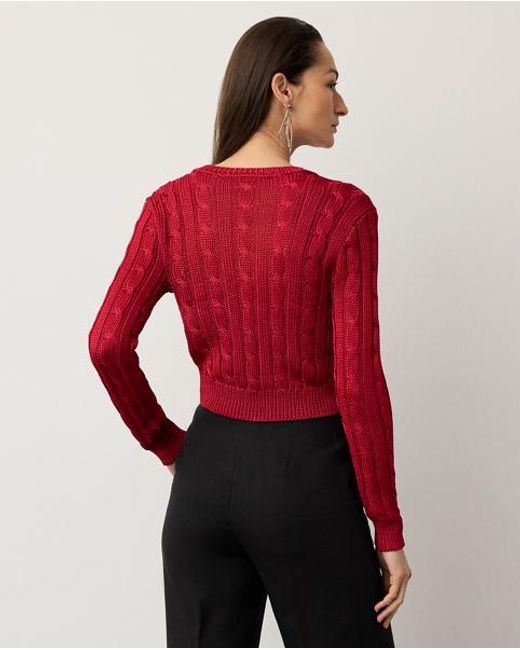 Ralph Lauren Red Cable-Knit Silk Cropped Cardigan