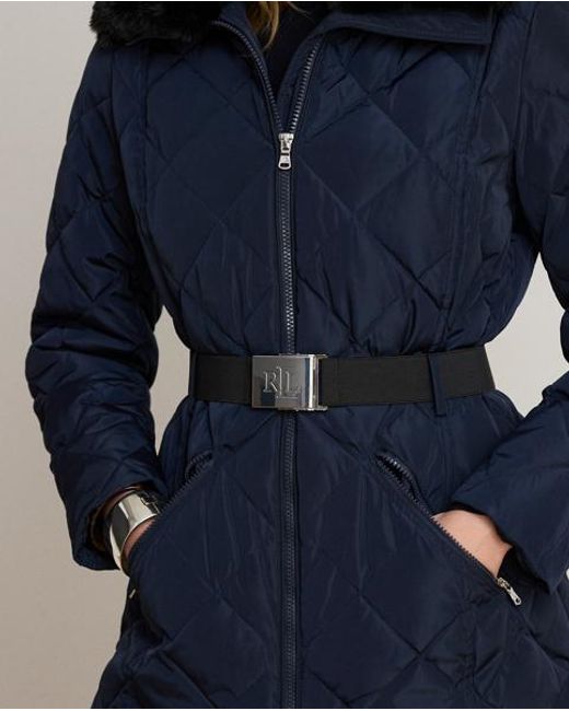 Ralph Lauren Blue Faux Fur-Trim Diamond-Quilted Down Coat