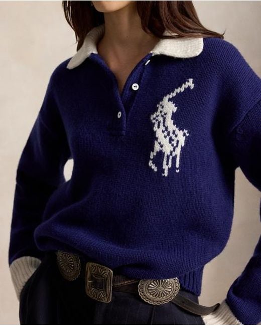 Polo Ralph Lauren Blue Big Pony Wool Rugby Jumper