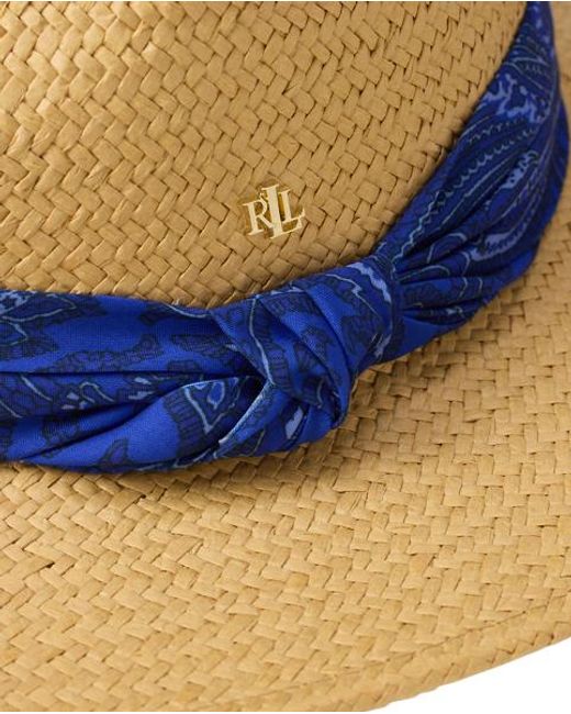 Ralph Lauren Blue Paisley-Scarf-Trim Straw Fedora
