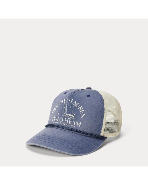 Ralph Lauren Blue Twill Graphic Trucker Cap for men
